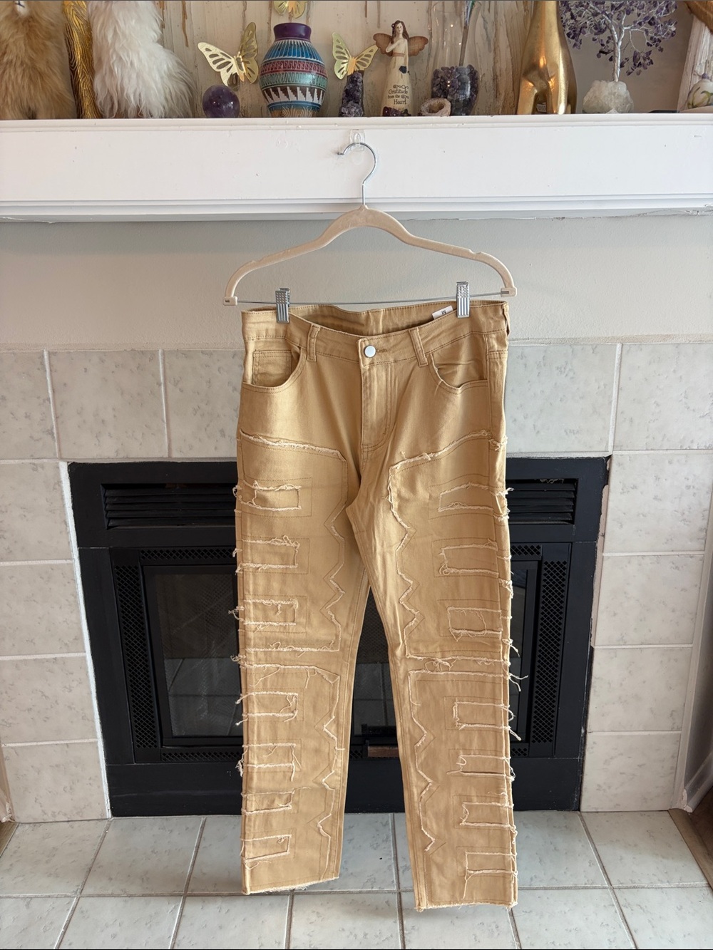 Men's Distressed Patchwork Jeans — Tan
